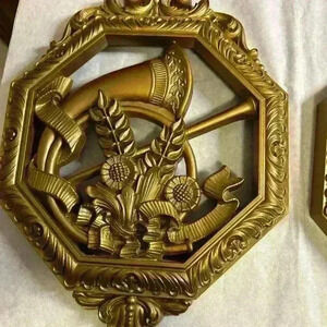 Set of 4 Octagon Gold Ornate Floral and Musical Instrument Wall Hangings Vintage